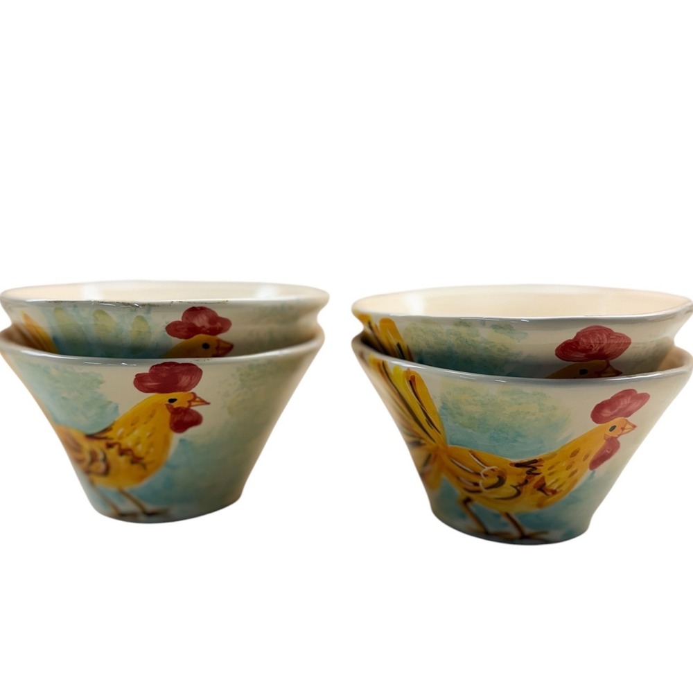 Vintage Vietri Cereal Bowls Blue Rooster Hand Painted Italian Ceramic Set of 4 - Picture 2 of 16